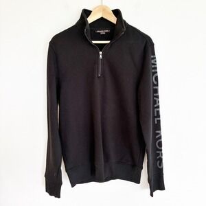 Michael Kors 1/4 Zip Sweatshirt Mens M Black Logo Sleeve Pullover Luxury
